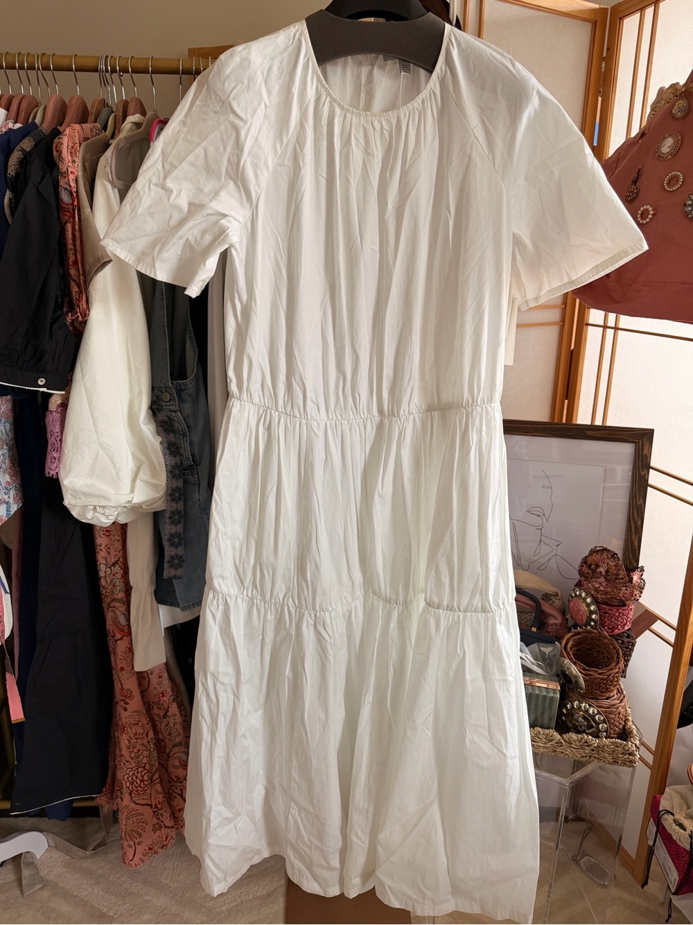 NWT Nordstrom White Cotton Tiered Midi Dress Size S Short Sleeve